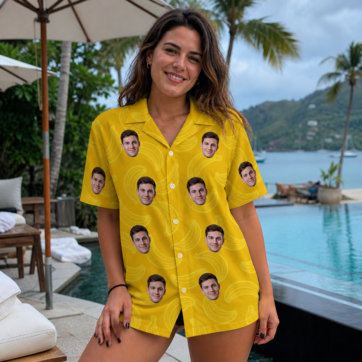 Real-life photo of someone wearing Women's Cavendish Capers Custom Face Hawaiian Shirt — custom faces printed all-over
