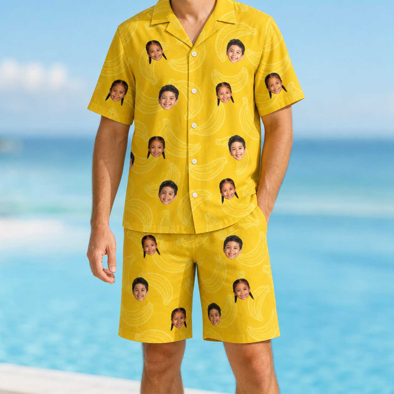 Model wearing Men's Cavendish Capers Custom Face Shirt & Shorts Set printed with kids' faces