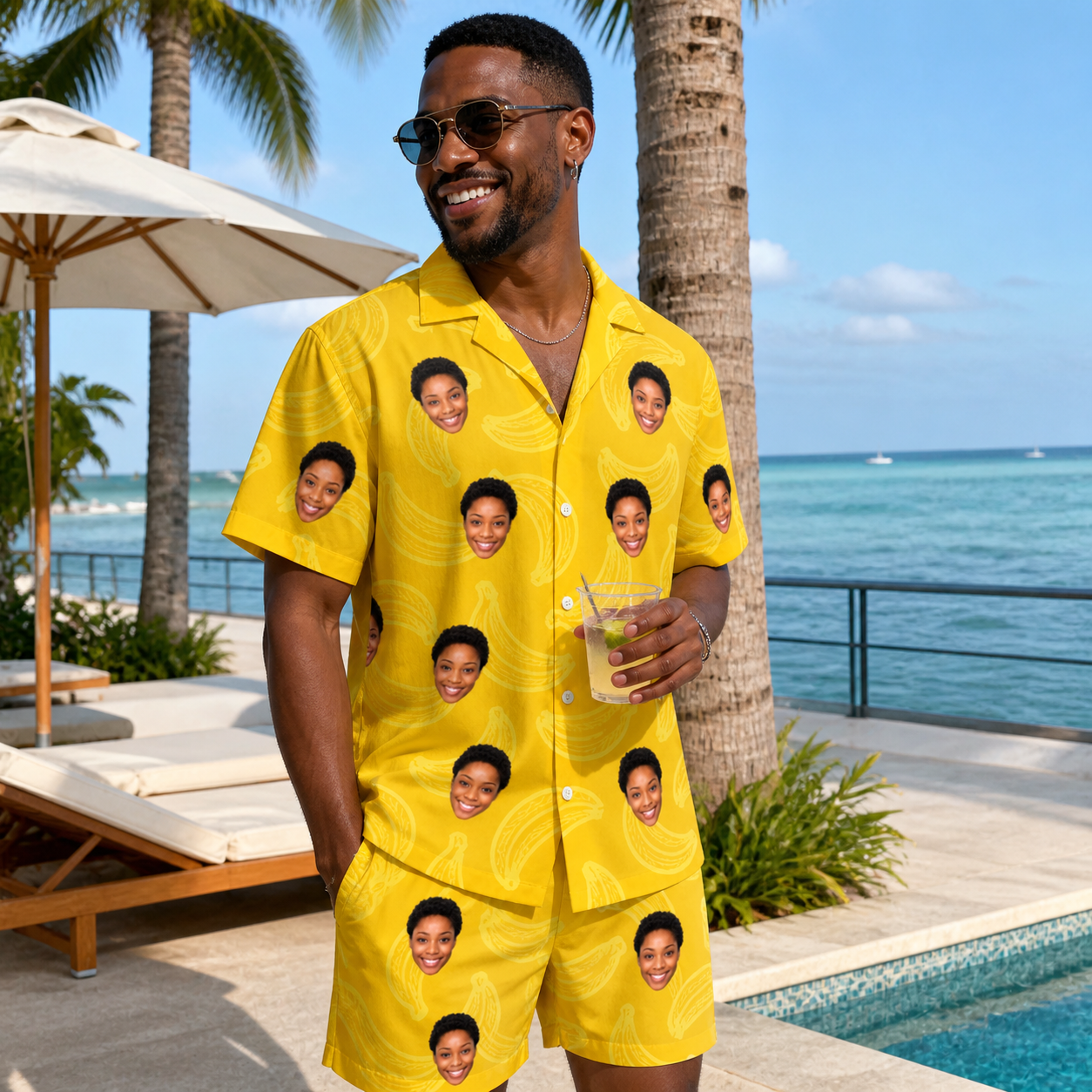 Real-life photo of someone wearing Men's Cavendish Capers Custom Face Shirt & Shorts Set — custom faces printed all-over
