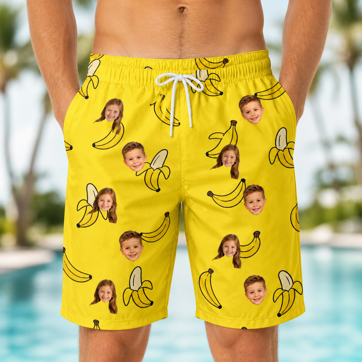Model wearing Men's Yellow Yodel Custom Face Beach Shorts printed with kids' faces