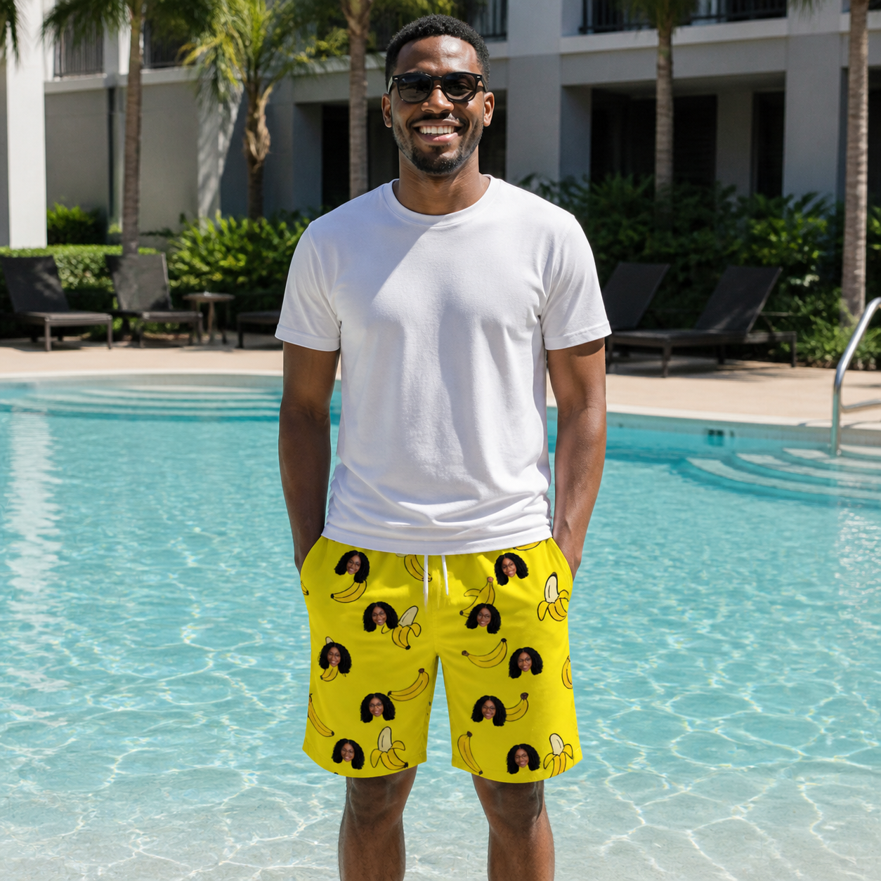 Real-life photo of someone wearing Men's Yellow Yodel Custom Face Beach Shorts — custom faces printed all-over