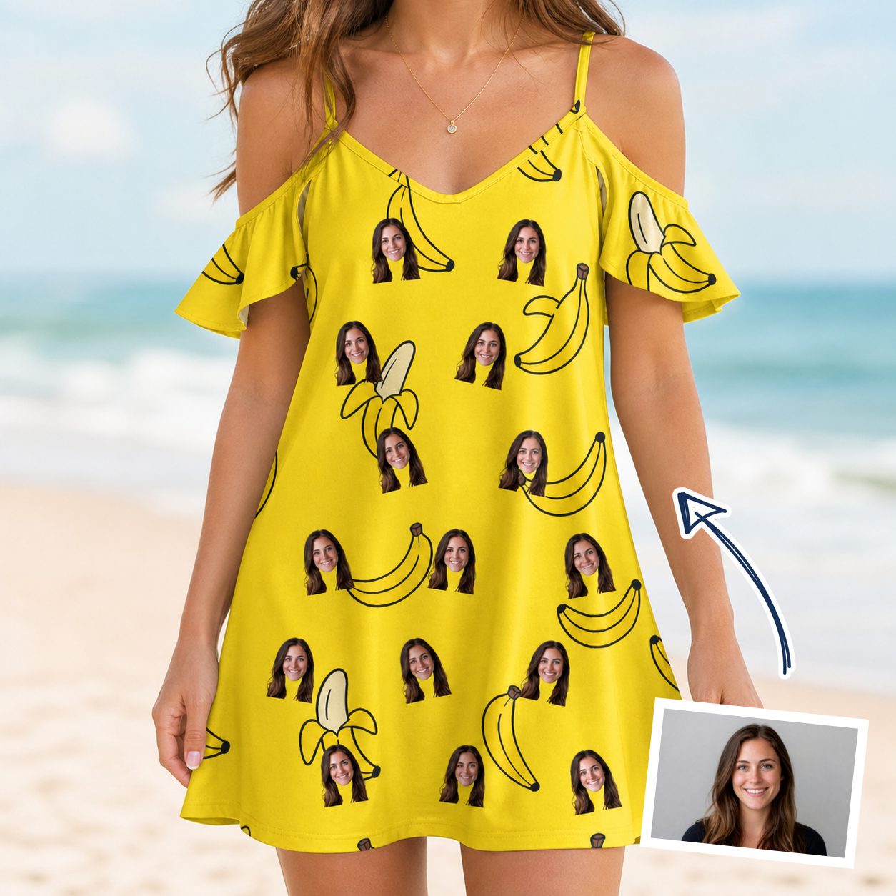 Woman wearing Women's Yellow Yodel Custom Face Off-Shoulder Dress — custom faces printed all-over