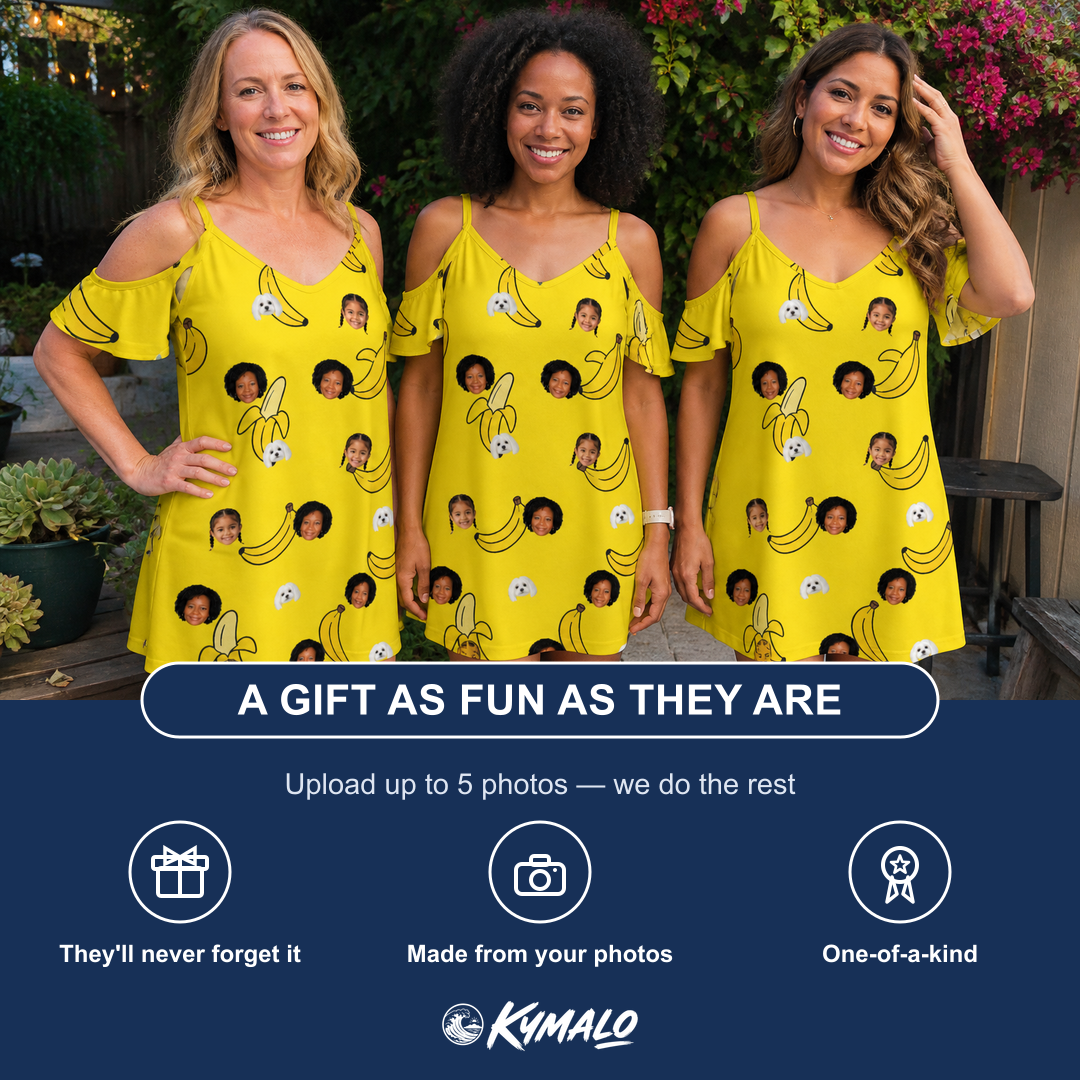 Friends in matching Women's Yellow Yodel Custom Face Off-Shoulder Dress — a group gift photo