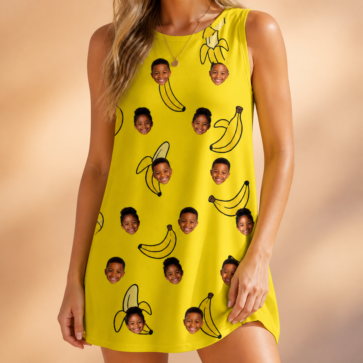 Model wearing Women's Yellow Yodel Custom Face Tank Dress printed with kids' faces