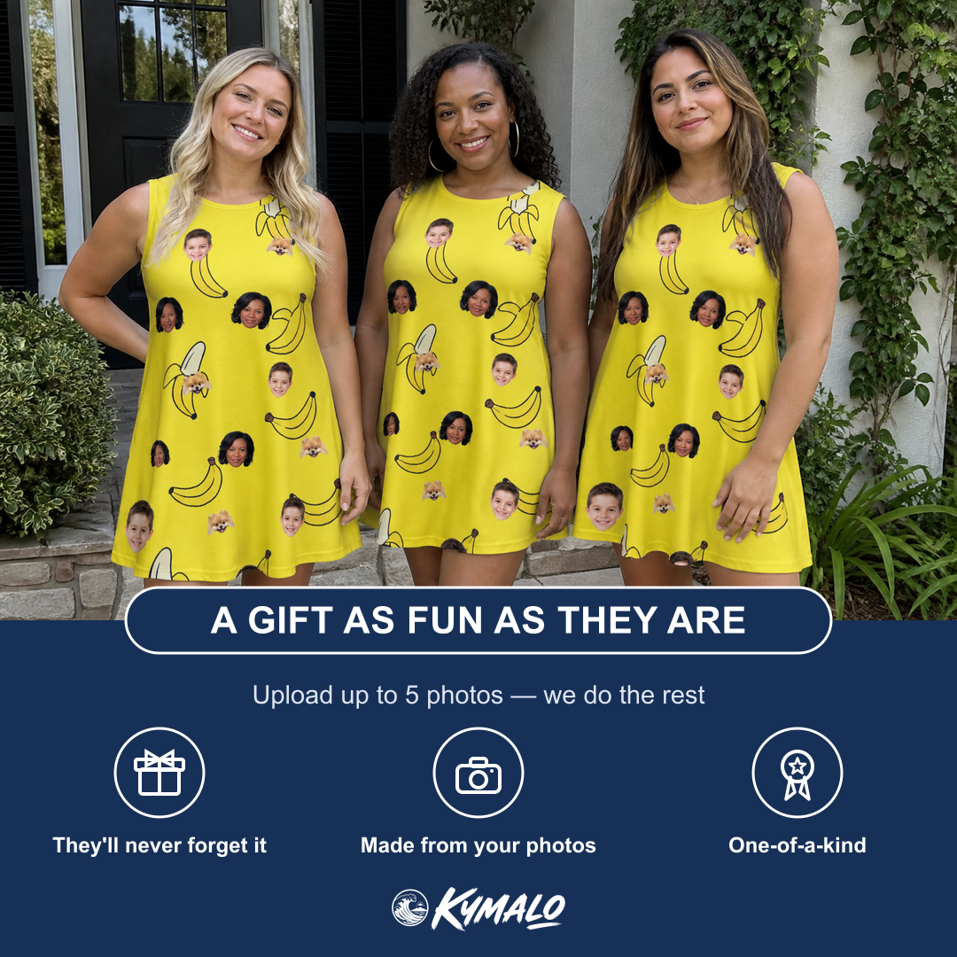 Friends in matching Women's Yellow Yodel Custom Face Tank Dress — a group gift photo