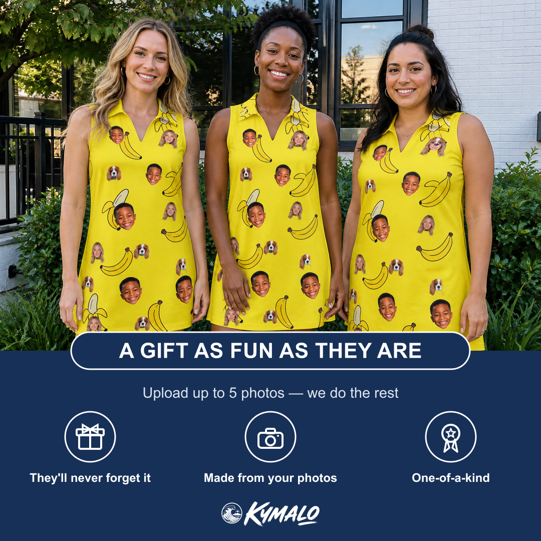 Friends in matching Women's Yellow Yodel Custom Face V-Neck Dress — a group gift photo
