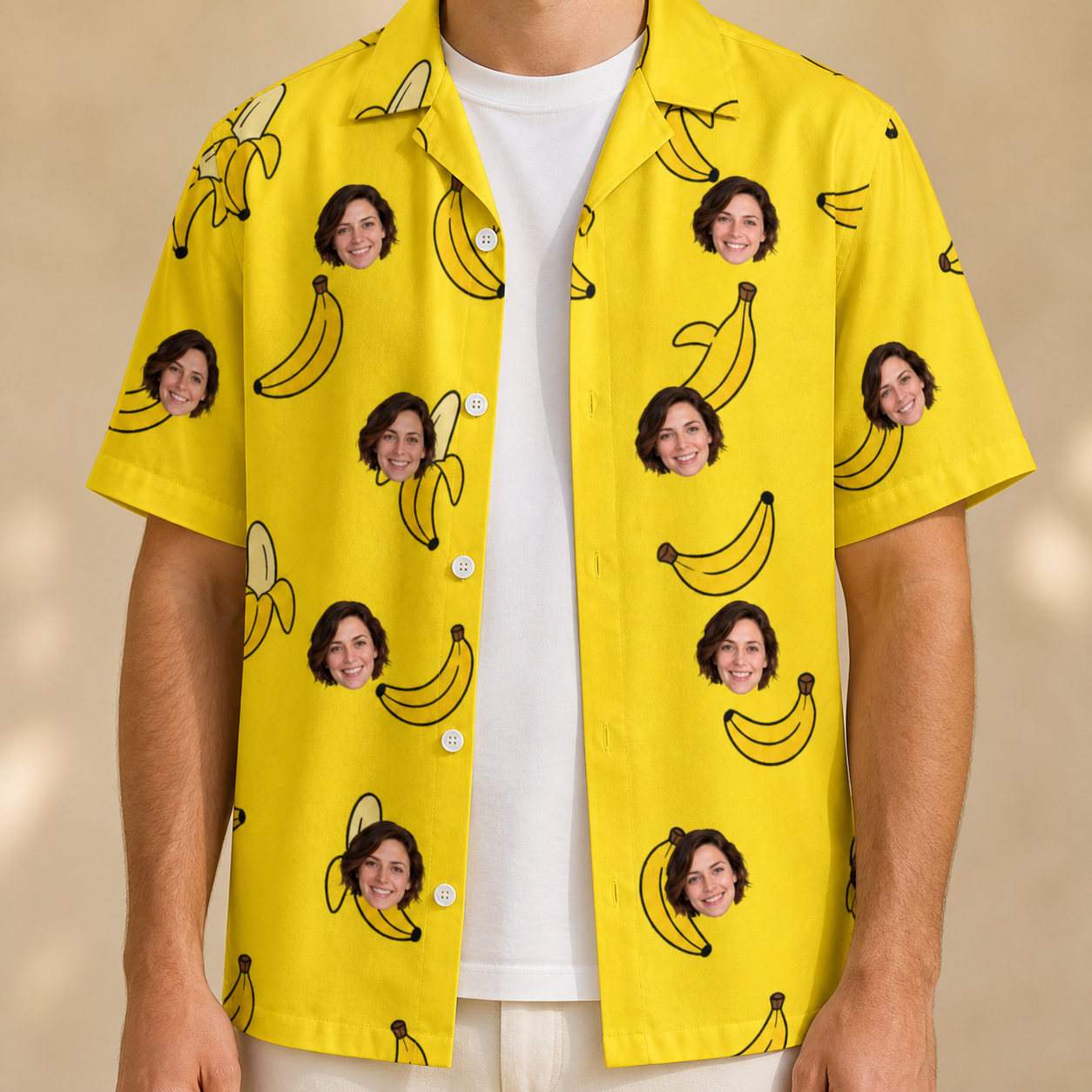 Man wearing Men's Yellow Yodel Custom Face Hawaiian Shirt open over a white tee