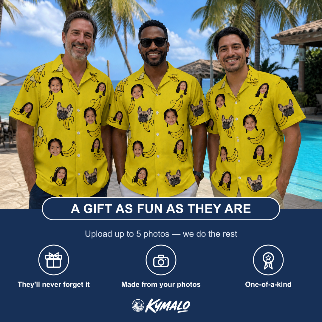 Friends in matching Men's Yellow Yodel Custom Face Hawaiian Shirt — a group gift photo