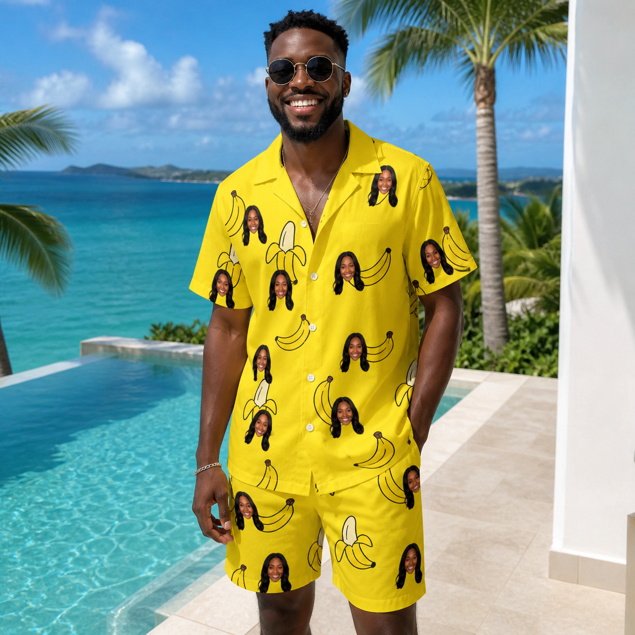 Real-life photo of someone wearing Men's Yellow Yodel Custom Face Shirt & Shorts Set — custom faces printed all-over