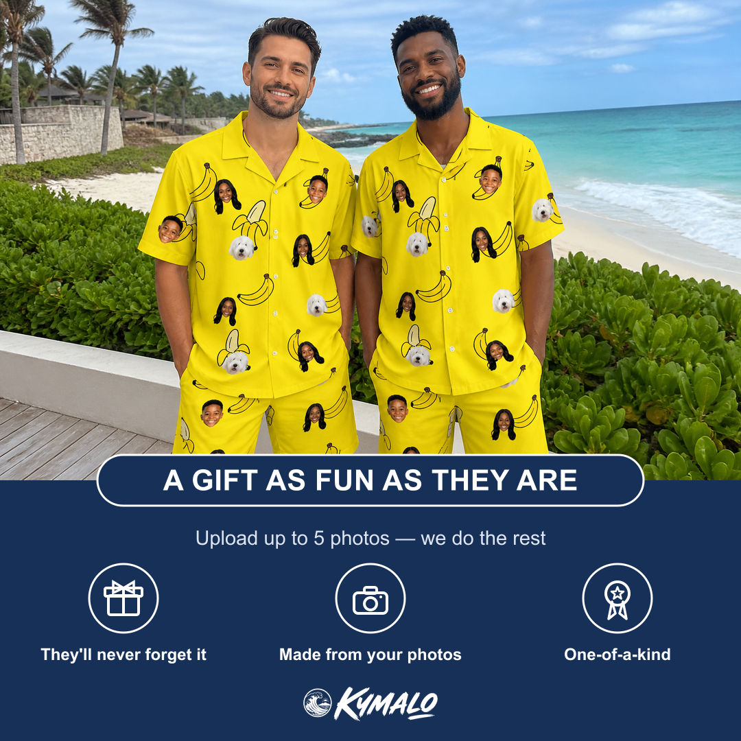 Friends in matching Men's Yellow Yodel Custom Face Shirt & Shorts Set — a group gift photo