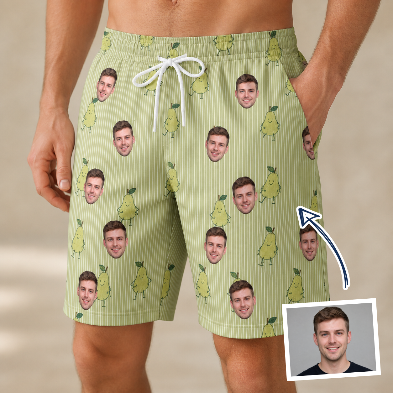 Man wearing Men's Pyrus Pizzazz Custom Face Beach Shorts — custom faces printed all-over