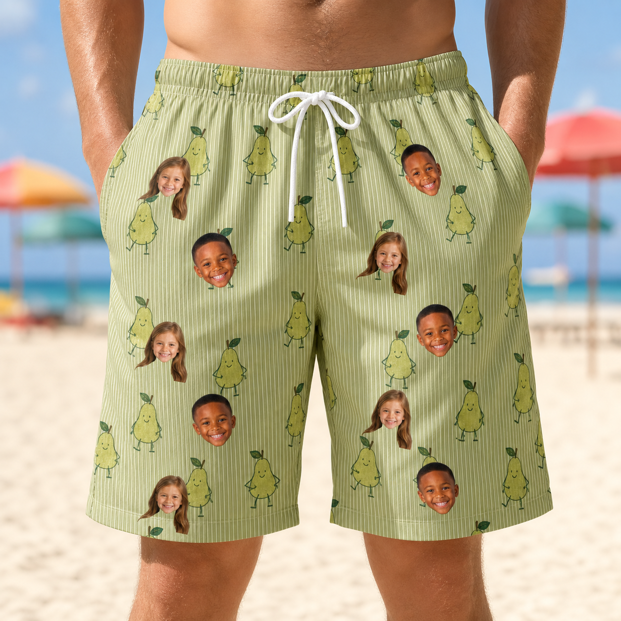 Model wearing Men's Pyrus Pizzazz Custom Face Beach Shorts printed with kids' faces
