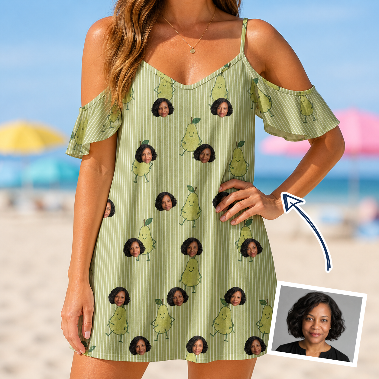Woman wearing Women's Pyrus Pizzazz Custom Face Off-Shoulder Dress — custom faces printed all-over