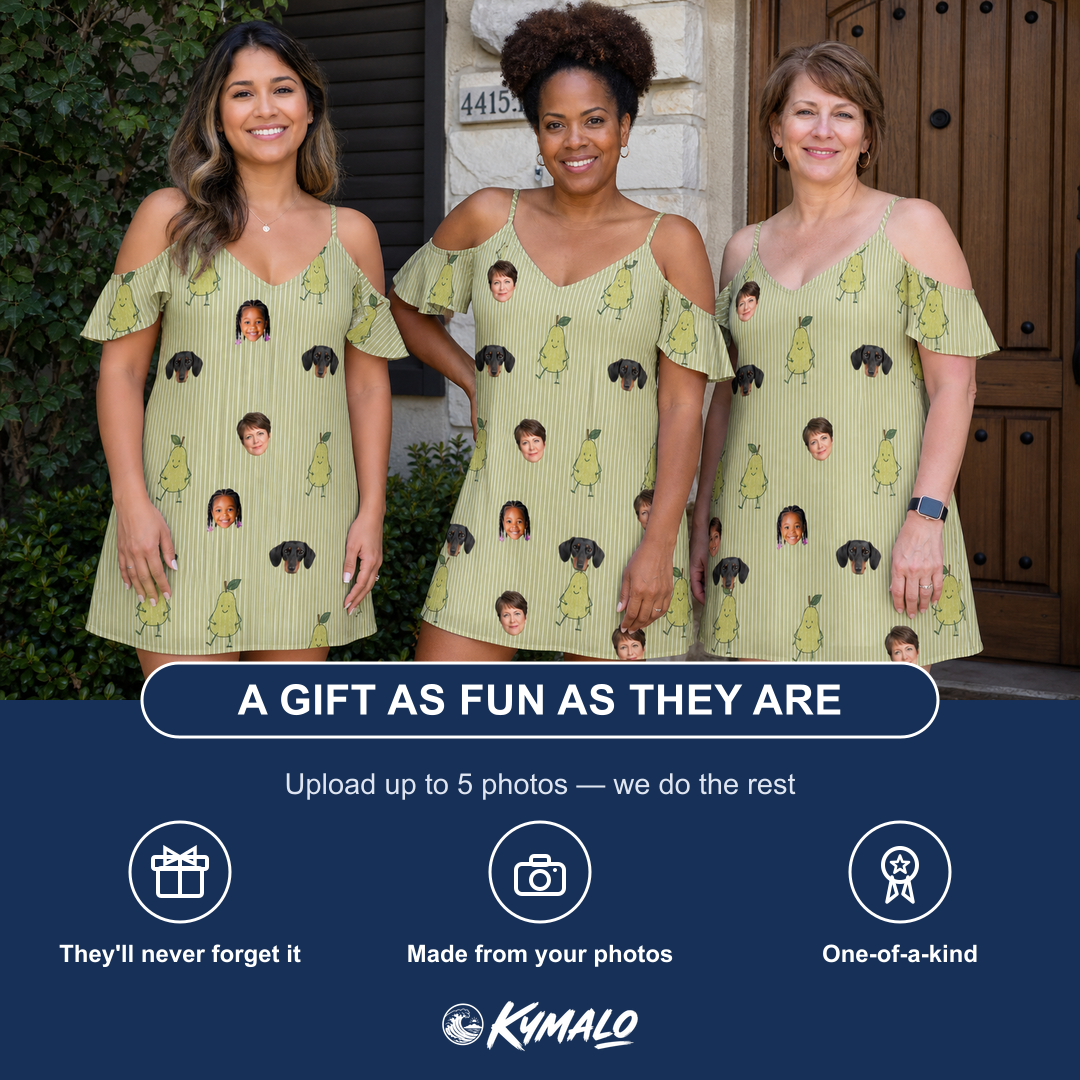 Friends in matching Women's Pyrus Pizzazz Custom Face Off-Shoulder Dress — a group gift photo