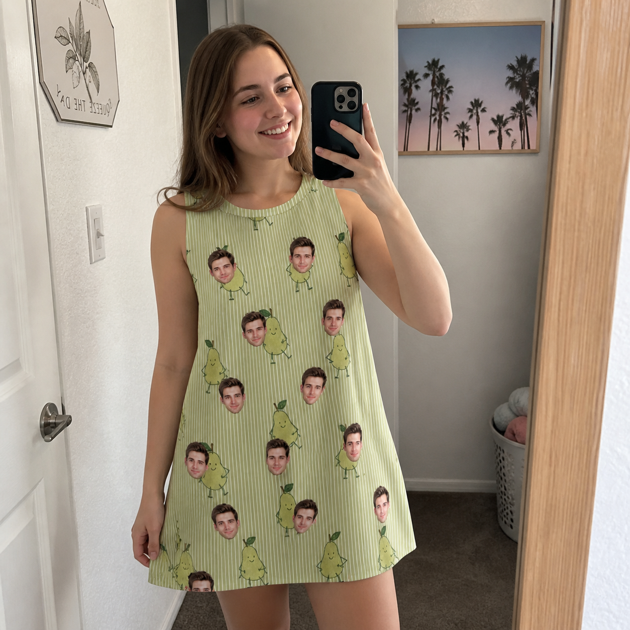 Real-life photo of someone wearing Women's Pyrus Pizzazz Custom Face Tank Dress — custom faces printed all-over