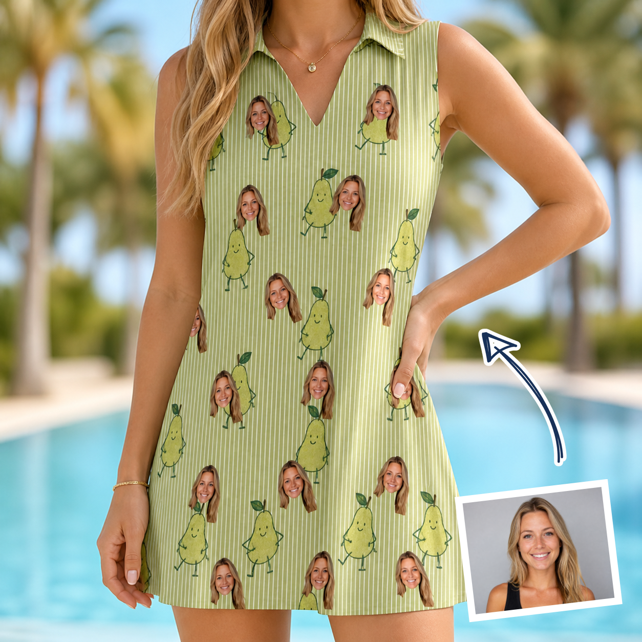 Woman wearing Women's Pyrus Pizzazz Custom Face V-Neck Dress — custom faces printed all-over