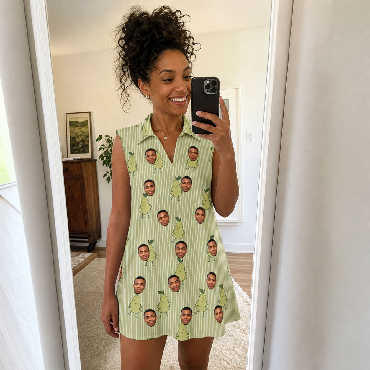 Real-life photo of someone wearing Women's Pyrus Pizzazz Custom Face V-Neck Dress — custom faces printed all-over