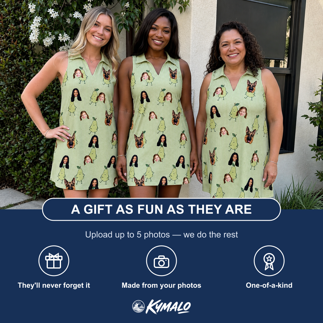 Friends in matching Women's Pyrus Pizzazz Custom Face V-Neck Dress — a group gift photo