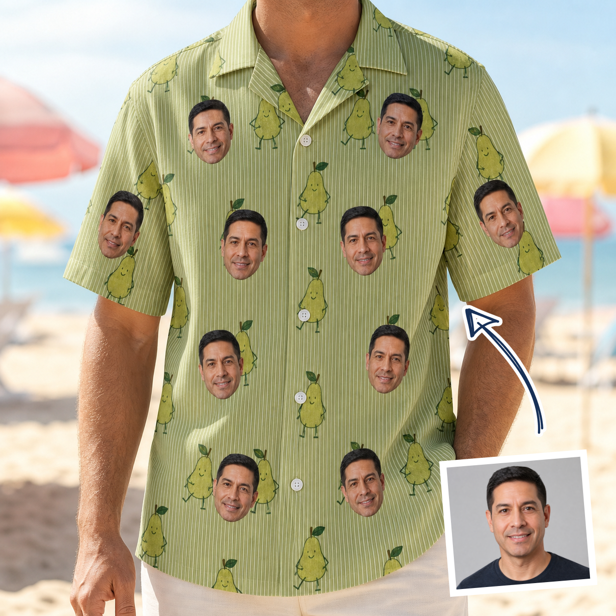 Man wearing Men's Pyrus Pizzazz Custom Face Hawaiian Shirt — custom faces printed all-over