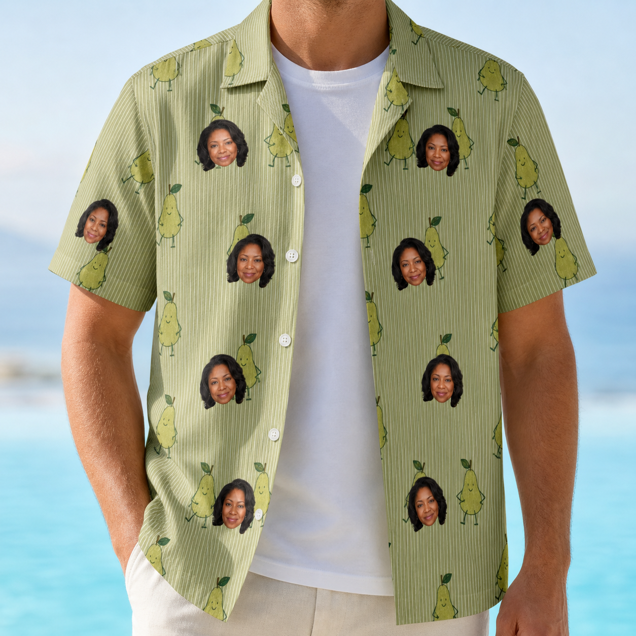 Man wearing Men's Pyrus Pizzazz Custom Face Hawaiian Shirt open over a white tee