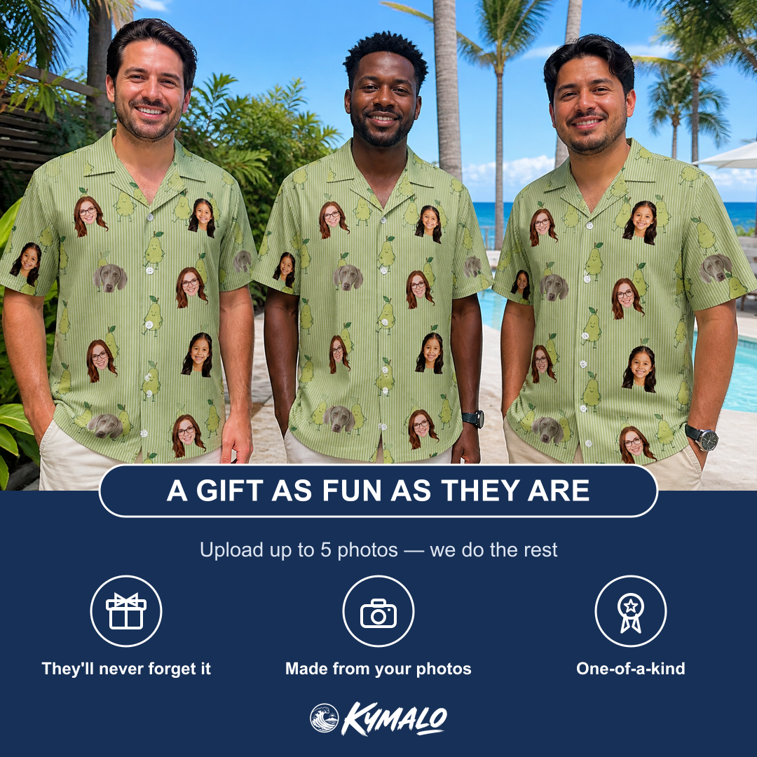 Friends in matching Men's Pyrus Pizzazz Custom Face Hawaiian Shirt — a group gift photo