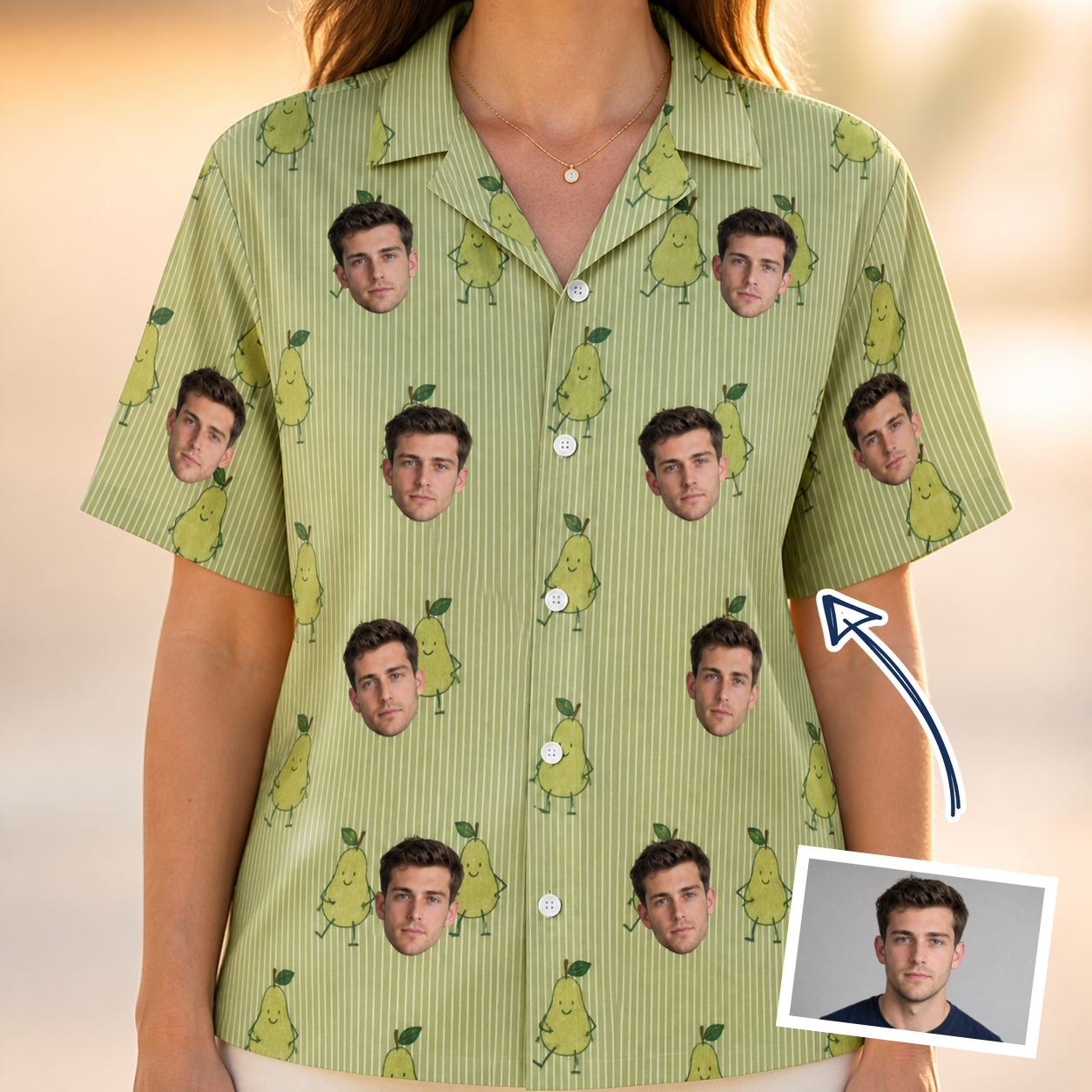 Woman wearing Women's Pyrus Pizzazz Custom Face Hawaiian Shirt — custom faces printed all-over