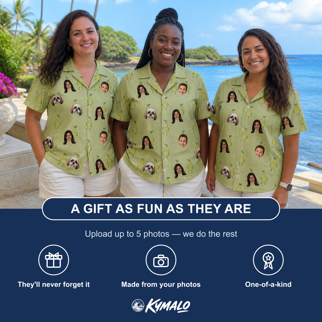 Friends in matching Women's Pyrus Pizzazz Custom Face Hawaiian Shirt — a group gift photo
