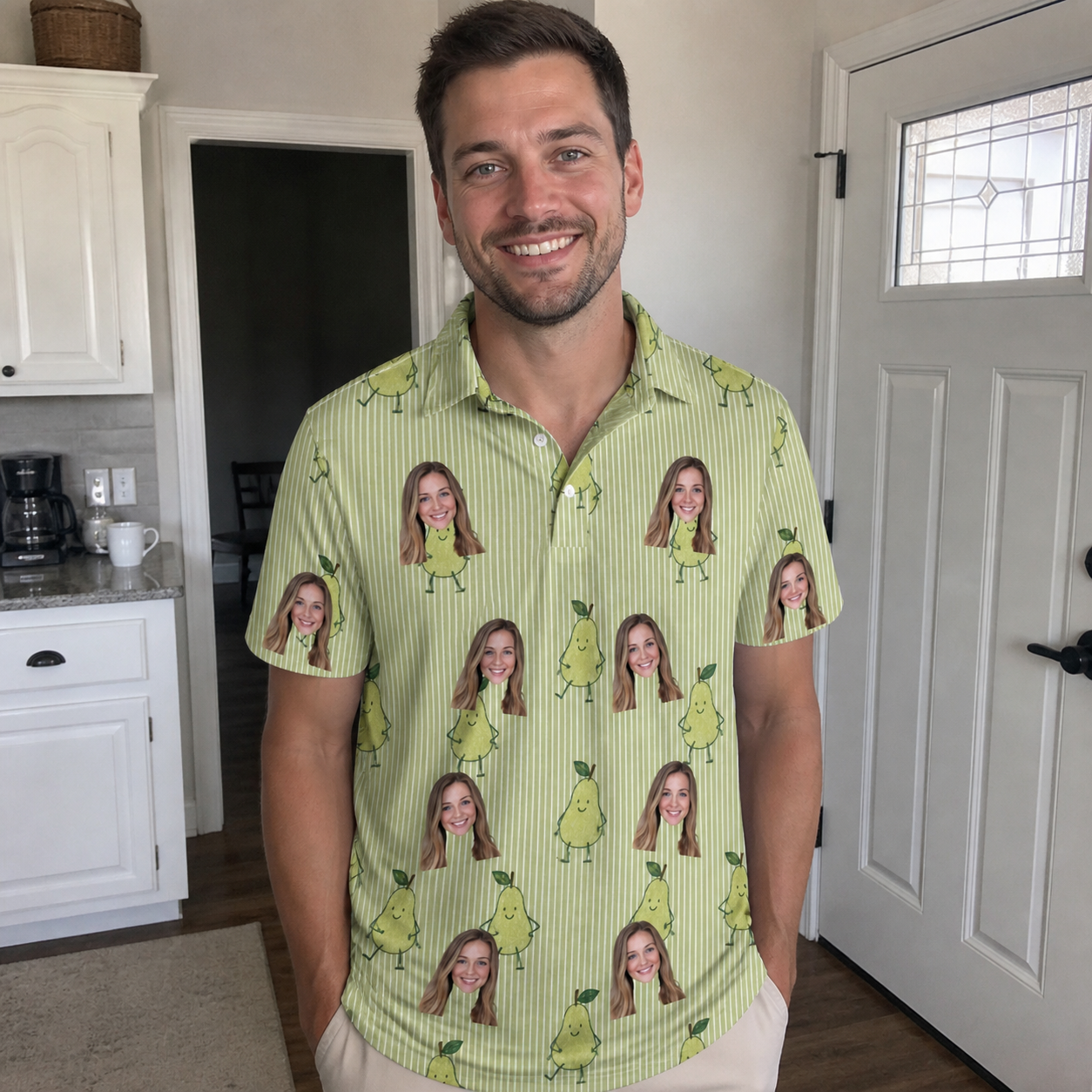 Real-life photo of someone wearing Men's Pyrus Pizzazz Custom Face Polo Shirt — custom faces printed all-over