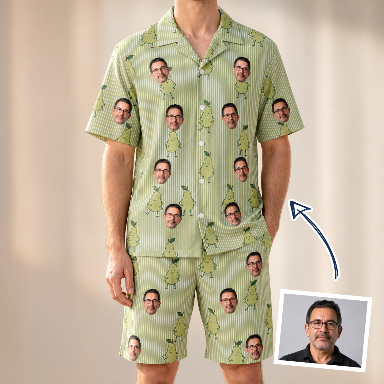 Man wearing Men's Pyrus Pizzazz Custom Face Shirt & Shorts Set — custom faces printed all-over