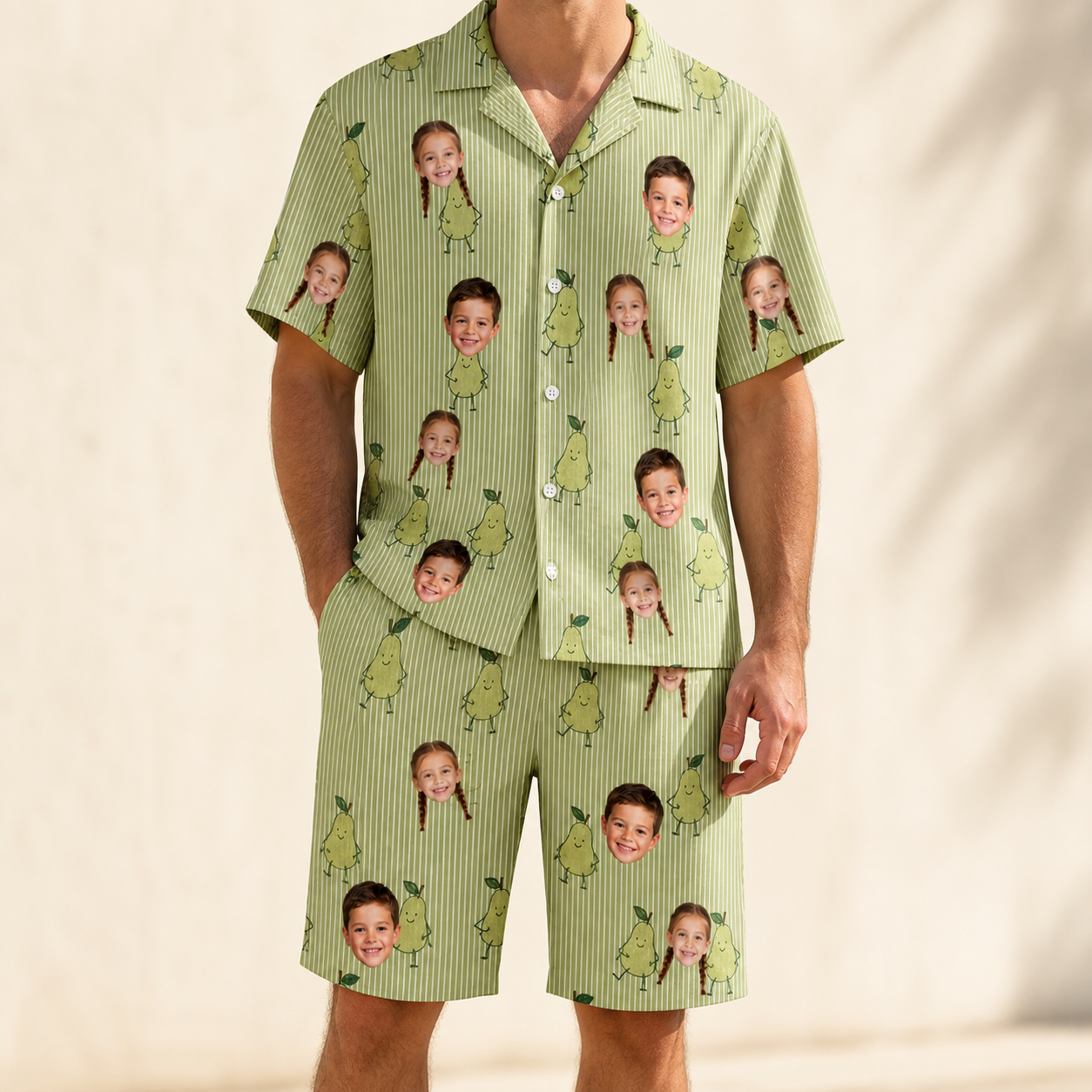 Model wearing Men's Pyrus Pizzazz Custom Face Shirt & Shorts Set printed with kids' faces