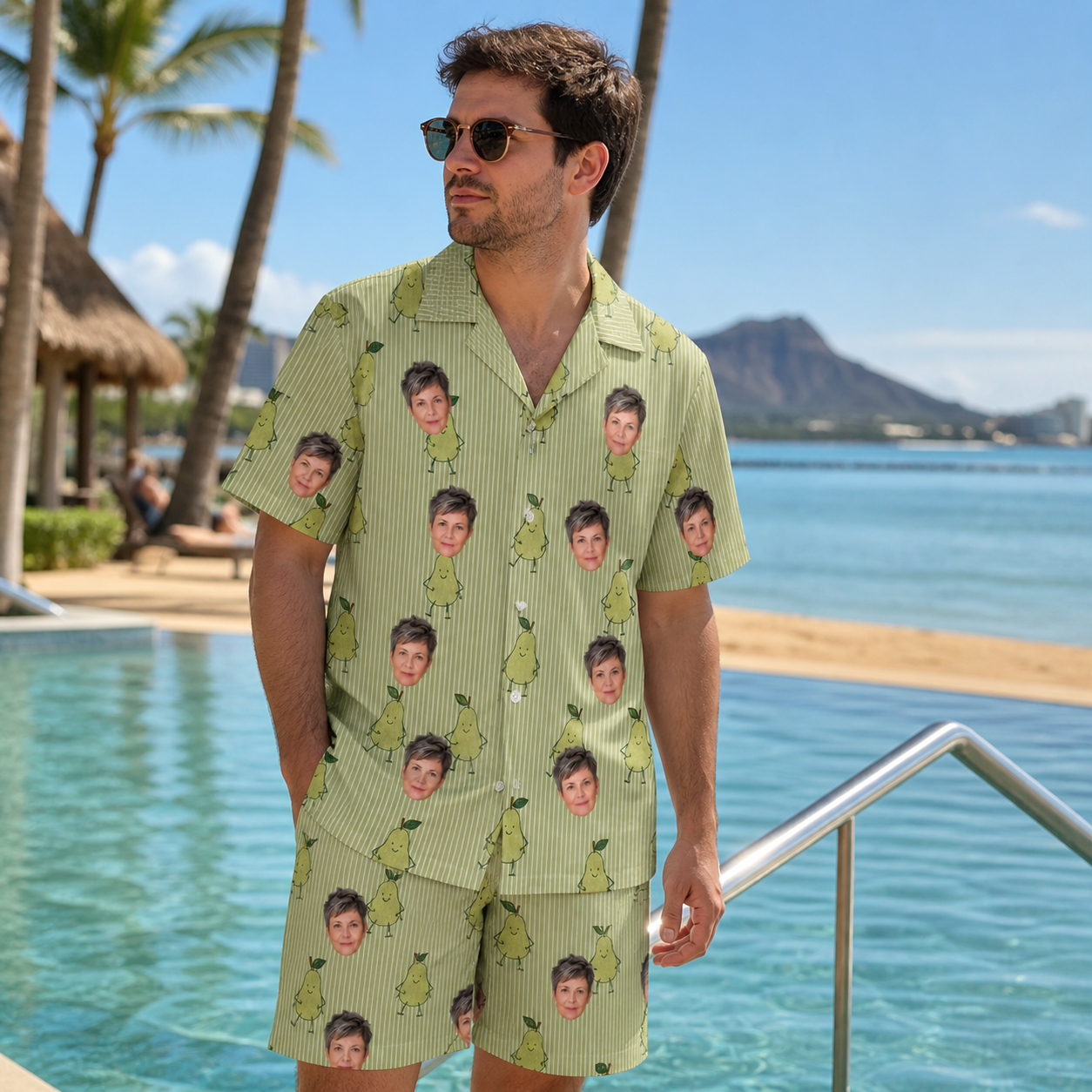 Real-life photo of someone wearing Men's Pyrus Pizzazz Custom Face Shirt & Shorts Set — custom faces printed all-over