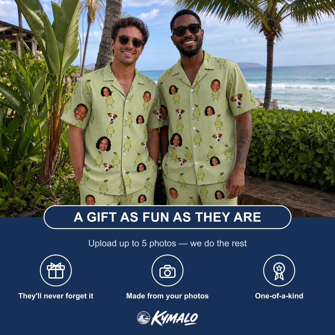Friends in matching Men's Pyrus Pizzazz Custom Face Shirt & Shorts Set — a group gift photo