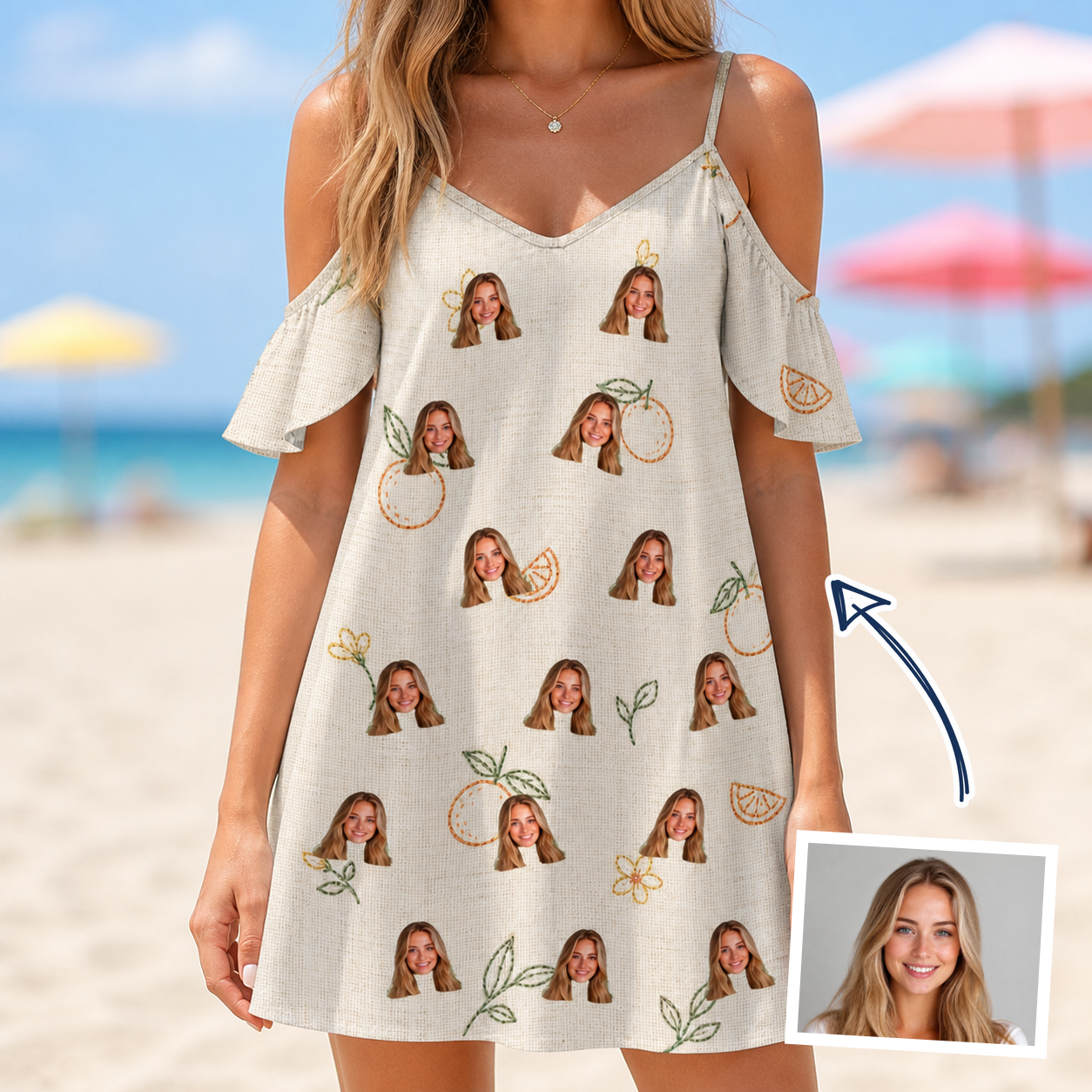 Woman wearing Women's Mandarin Moxie Custom Face Off-Shoulder Dress — custom faces printed all-over