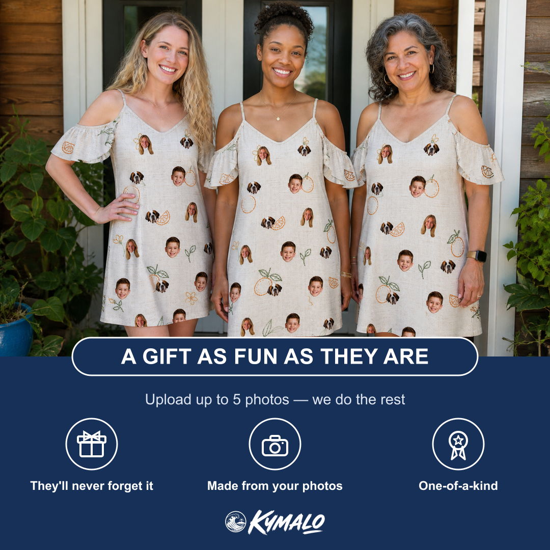 Friends in matching Women's Mandarin Moxie Custom Face Off-Shoulder Dress — a group gift photo