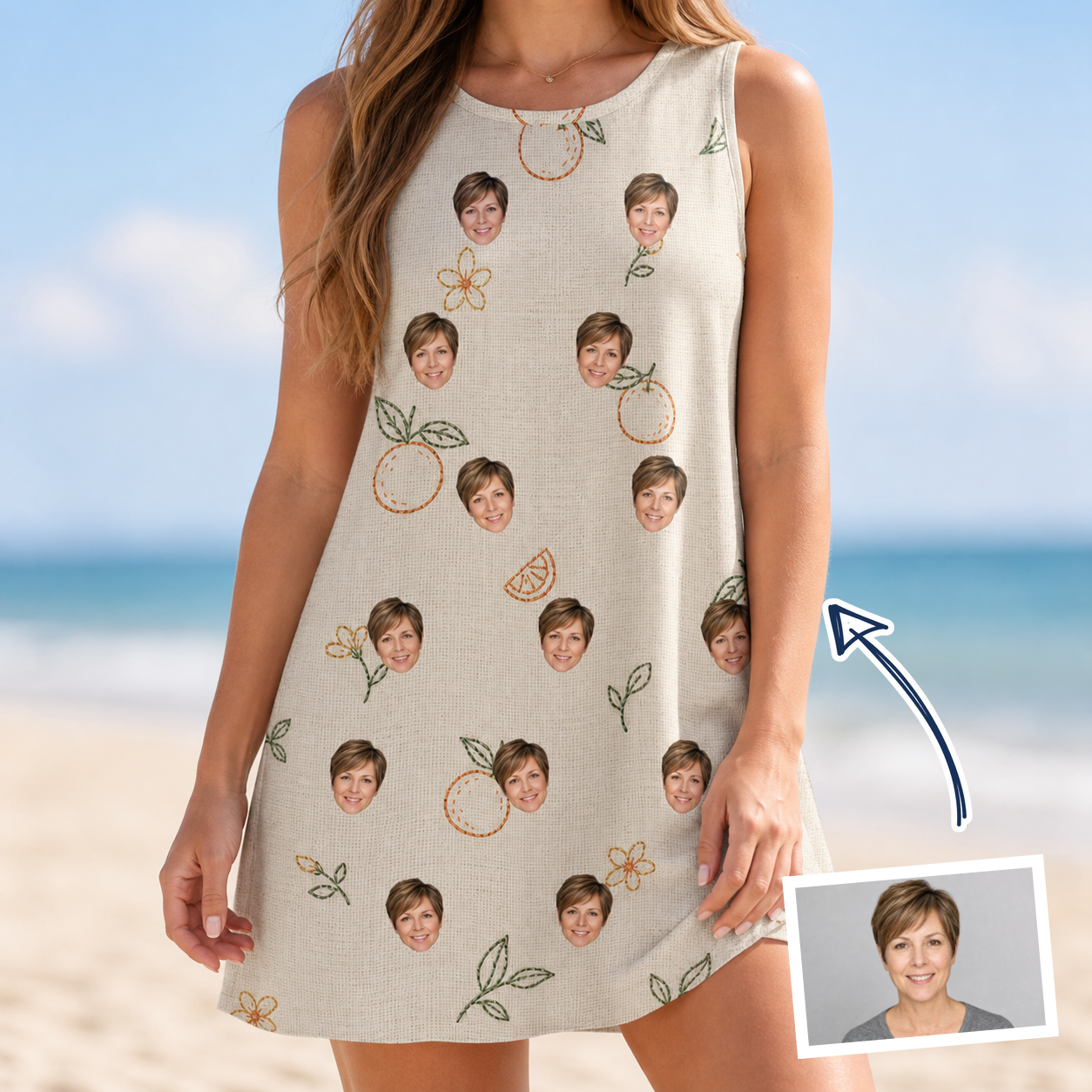 Woman wearing Women's Mandarin Moxie Custom Face Tank Dress — custom faces printed all-over