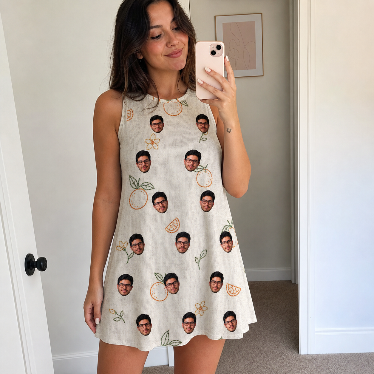Real-life photo of someone wearing Women's Mandarin Moxie Custom Face Tank Dress — custom faces printed all-over