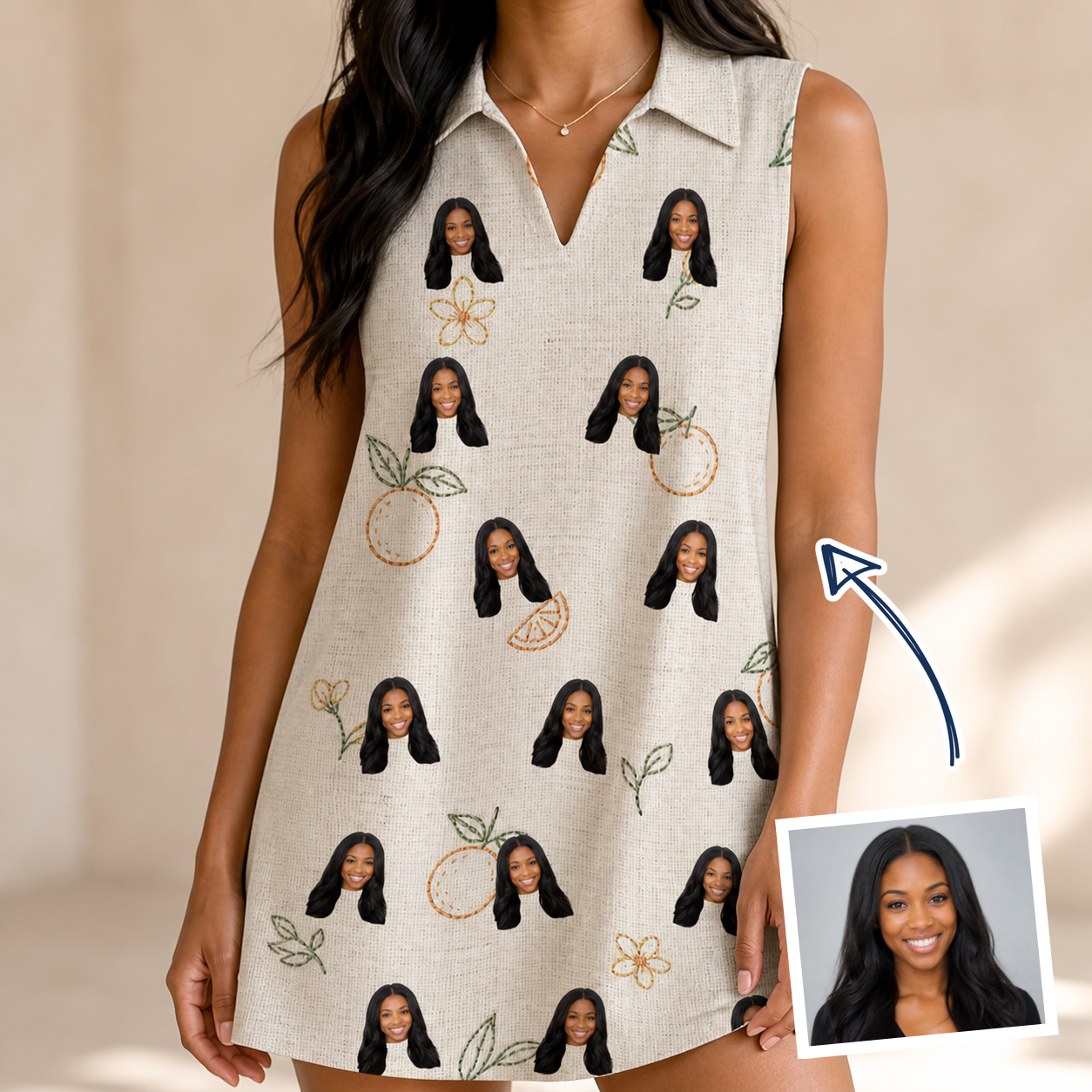 Woman wearing Women's Mandarin Moxie Custom Face V-Neck Dress — custom faces printed all-over