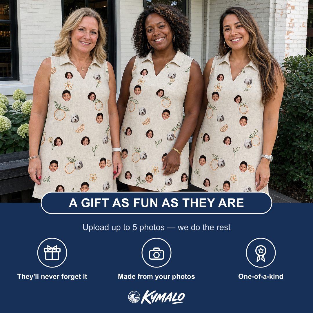 Friends in matching Women's Mandarin Moxie Custom Face V-Neck Dress — a group gift photo