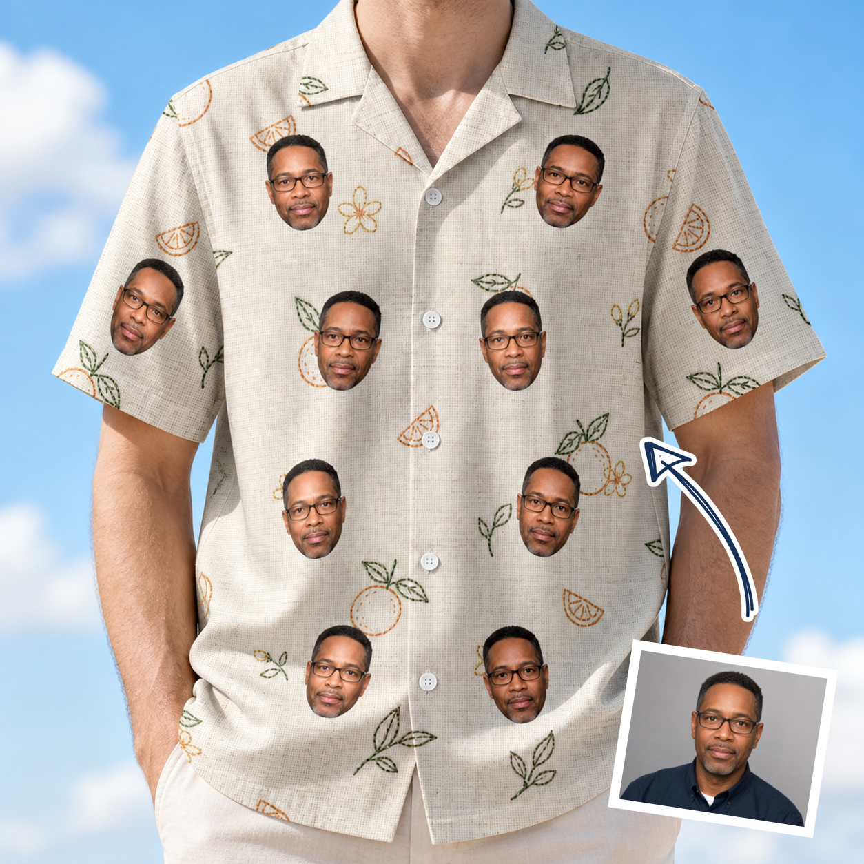 Man wearing Men's Mandarin Moxie Custom Face Hawaiian Shirt — custom faces printed all-over