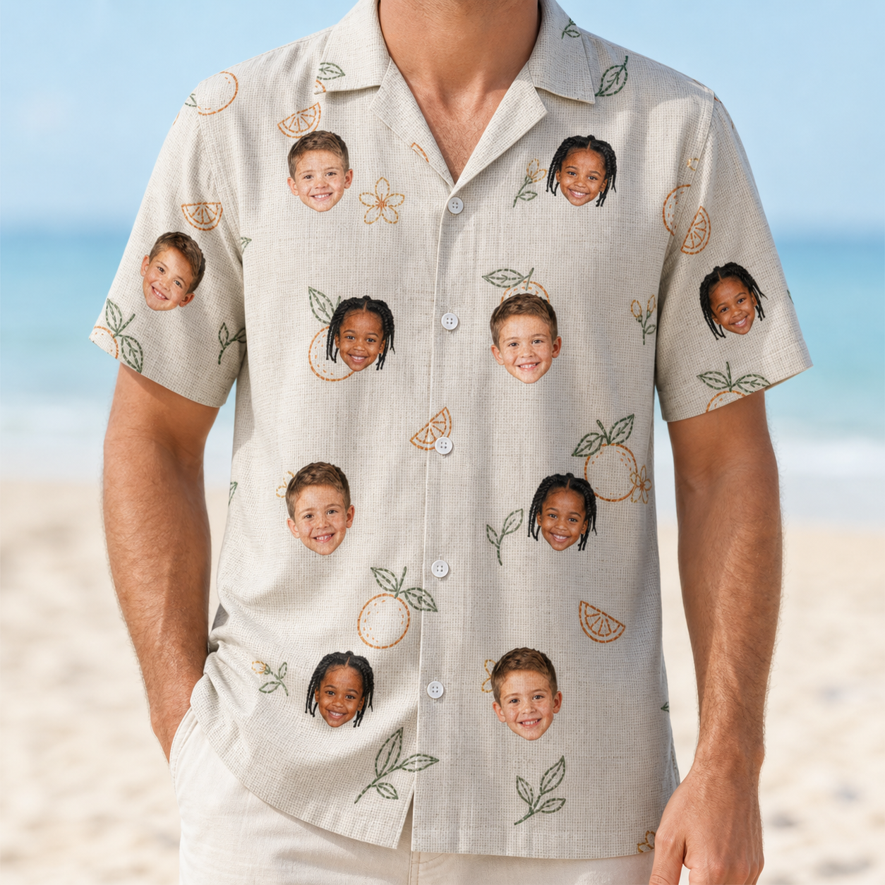 Model wearing Men's Mandarin Moxie Custom Face Hawaiian Shirt printed with kids' faces