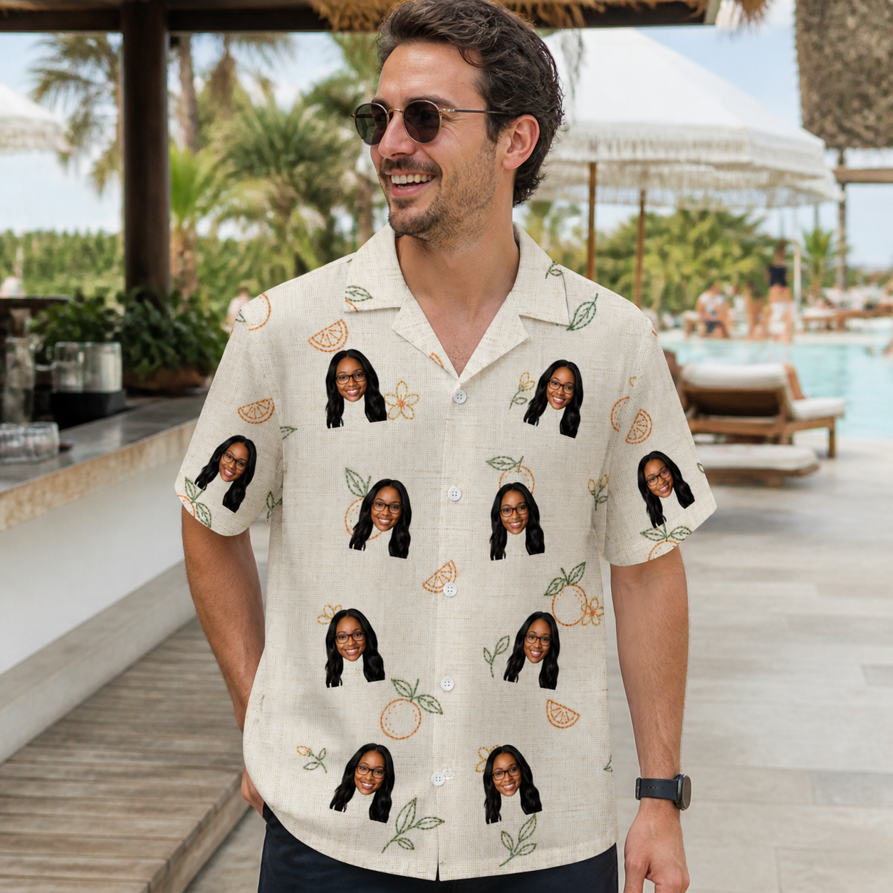 Real-life photo of someone wearing Men's Mandarin Moxie Custom Face Hawaiian Shirt — custom faces printed all-over