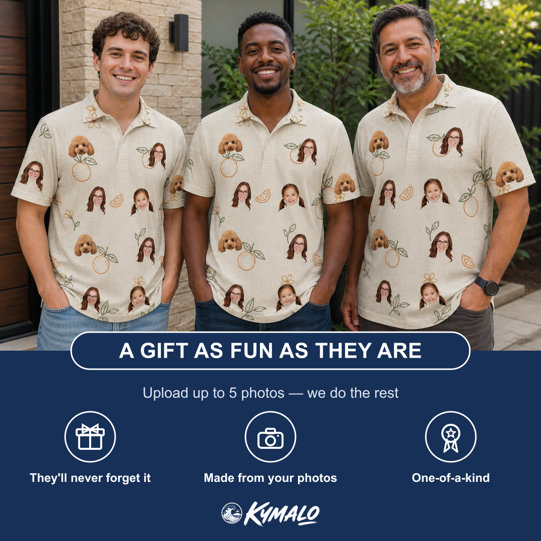 Friends in matching Men's Mandarin Moxie Custom Face Polo Shirt — a group gift photo
