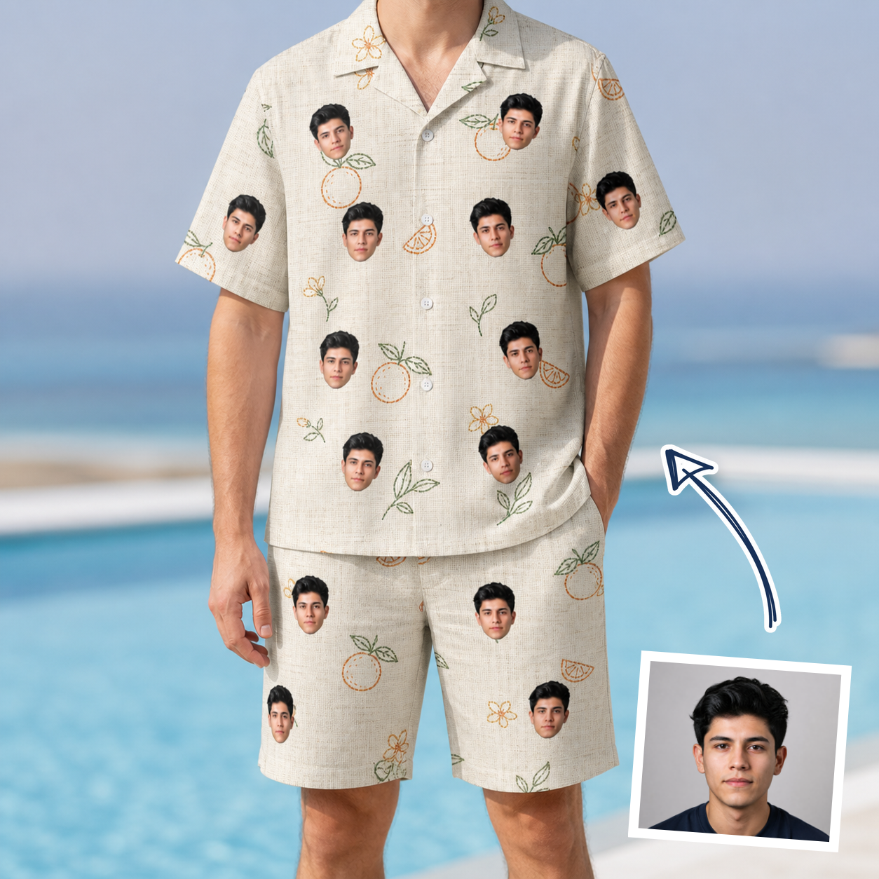 Man wearing Men's Mandarin Moxie Custom Face Shirt & Shorts Set — custom faces printed all-over