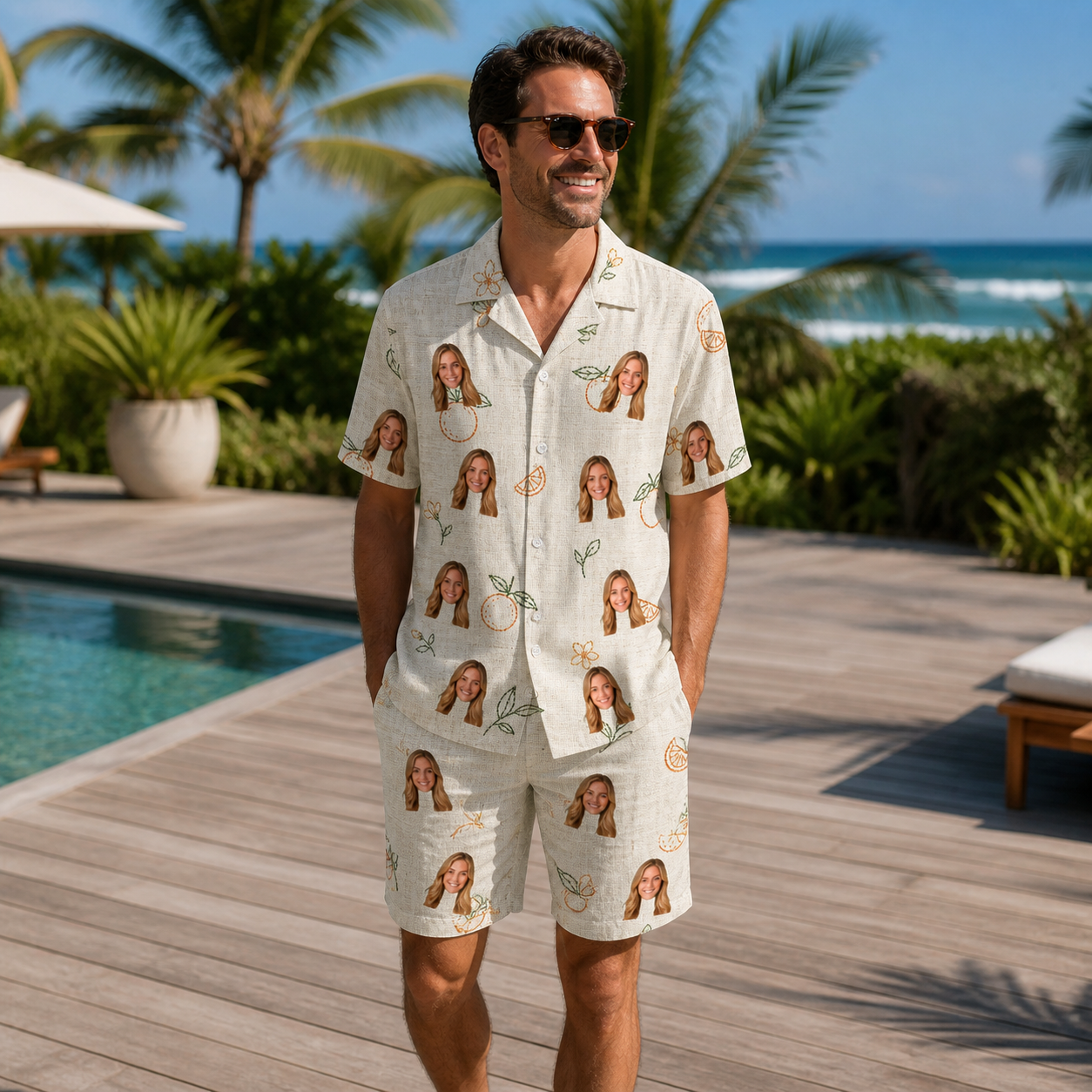 Real-life photo of someone wearing Men's Mandarin Moxie Custom Face Shirt & Shorts Set — custom faces printed all-over