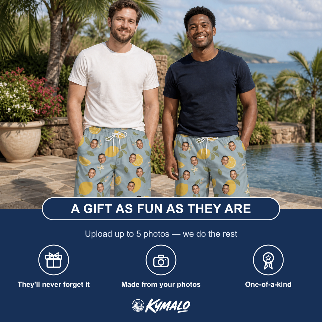 Friends in matching Men's Zesty Zigzags Custom Face Beach Shorts — a group gift photo