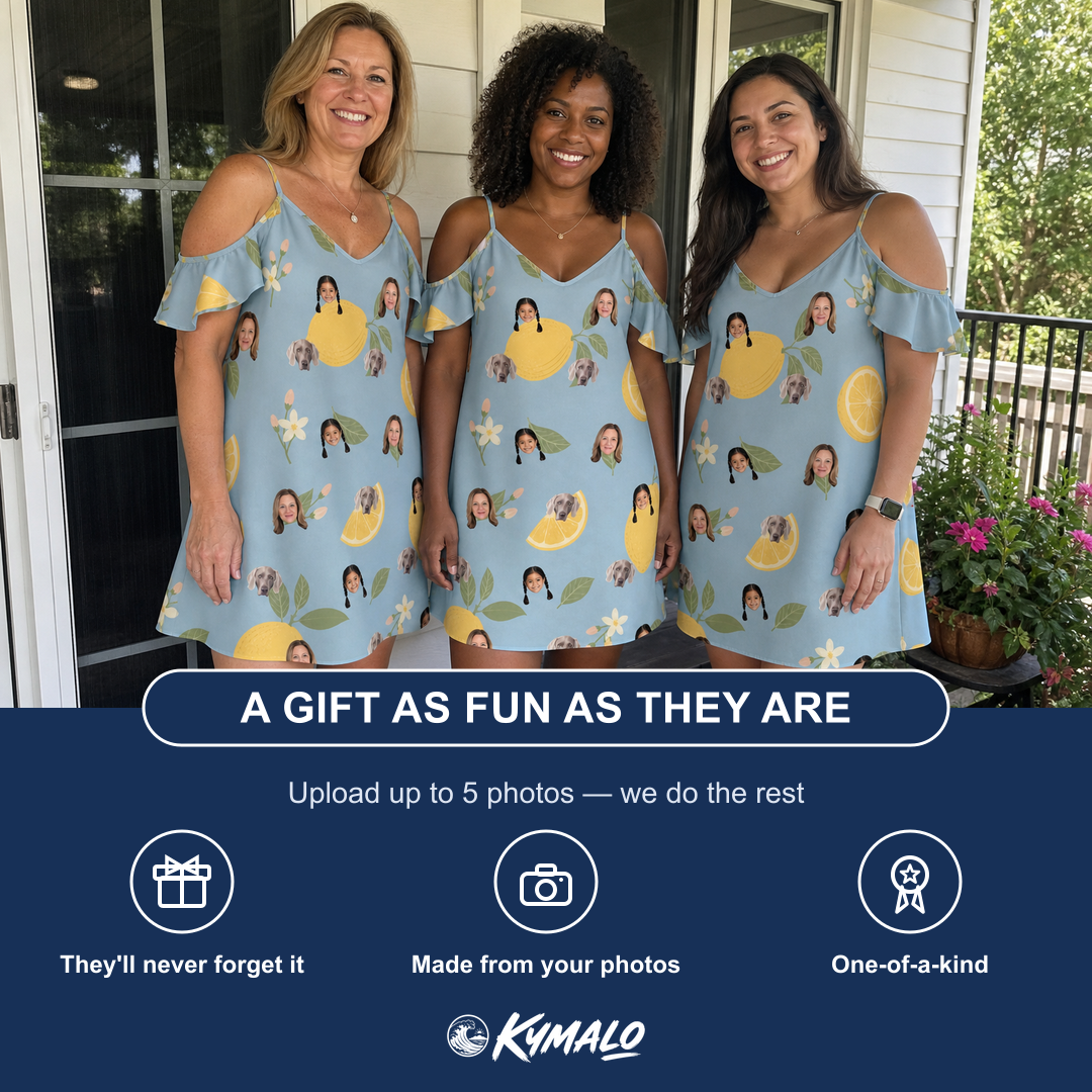 Friends in matching Women's Zesty Zigzags Custom Face Off-Shoulder Dress — a group gift photo