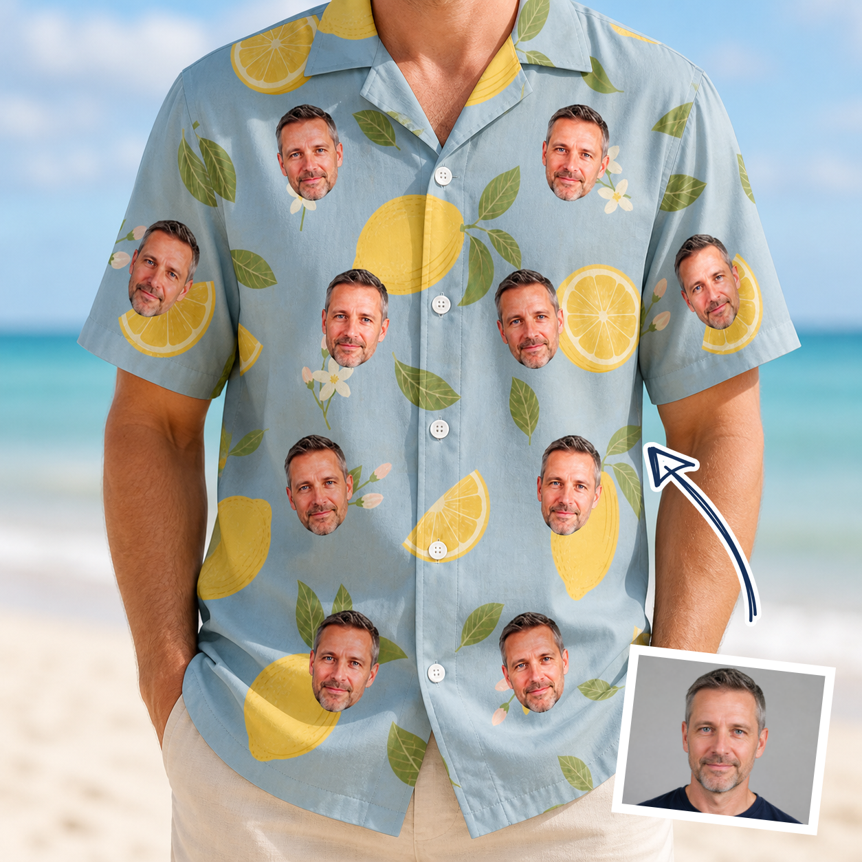 Man wearing Men's Zesty Zigzags Custom Face Hawaiian Shirt — custom faces printed all-over