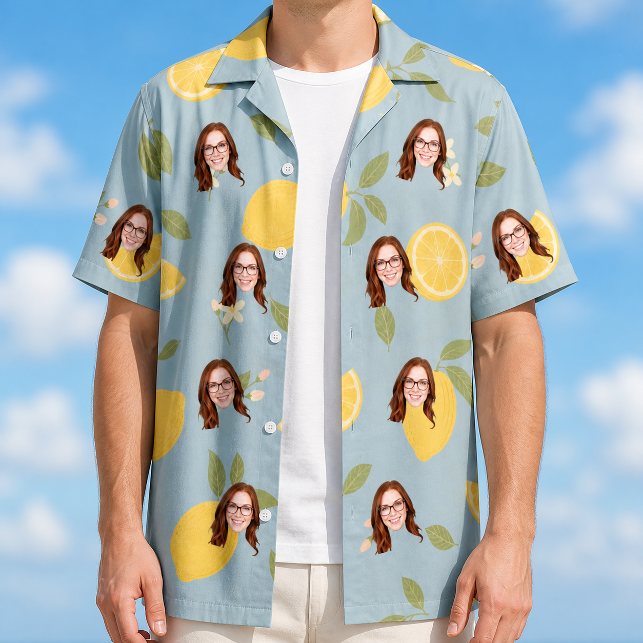 Man wearing Men's Zesty Zigzags Custom Face Hawaiian Shirt open over a white tee