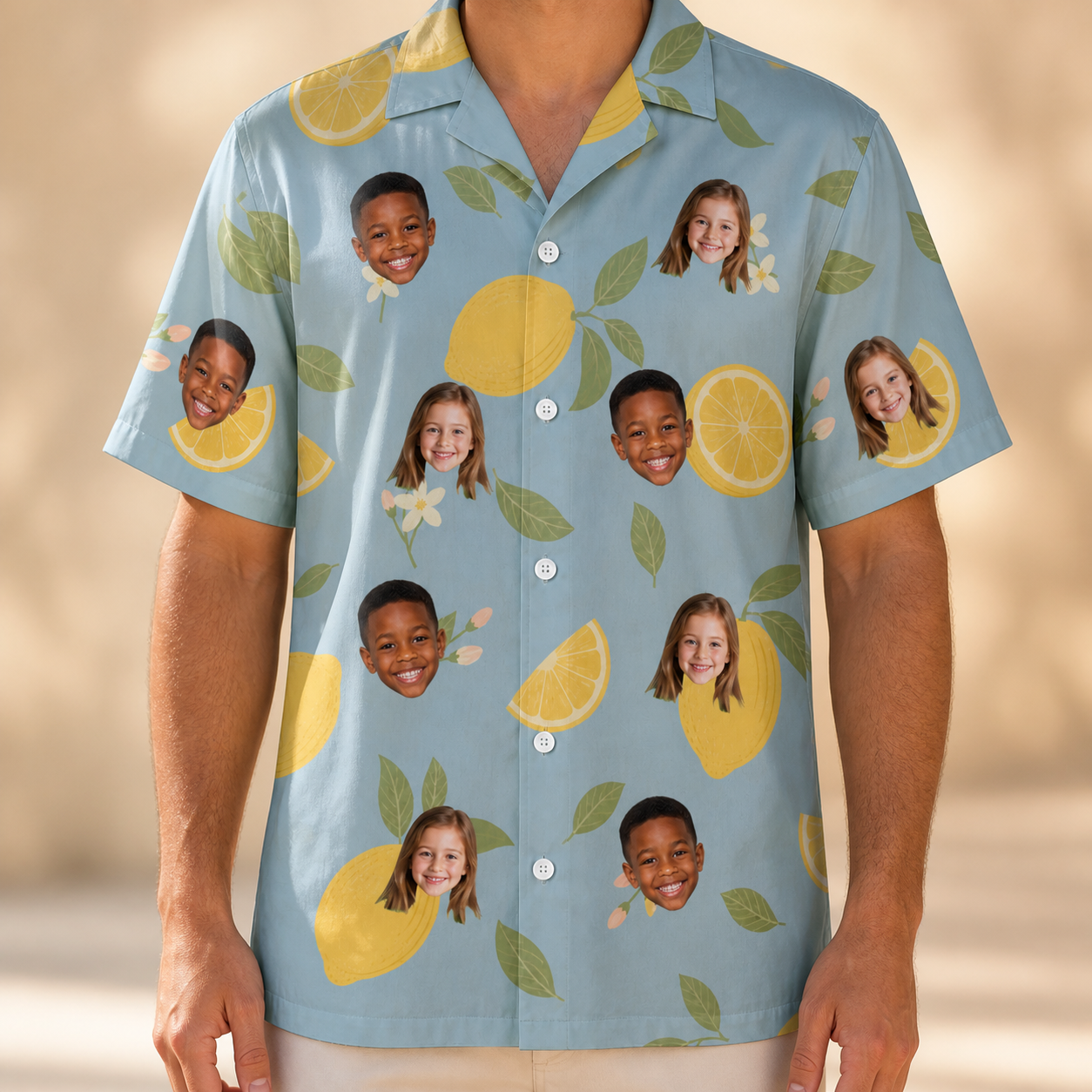 Model wearing Men's Zesty Zigzags Custom Face Hawaiian Shirt printed with kids' faces