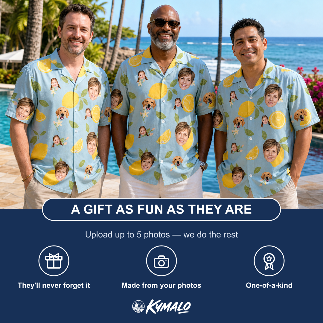Friends in matching Men's Zesty Zigzags Custom Face Hawaiian Shirt — a group gift photo